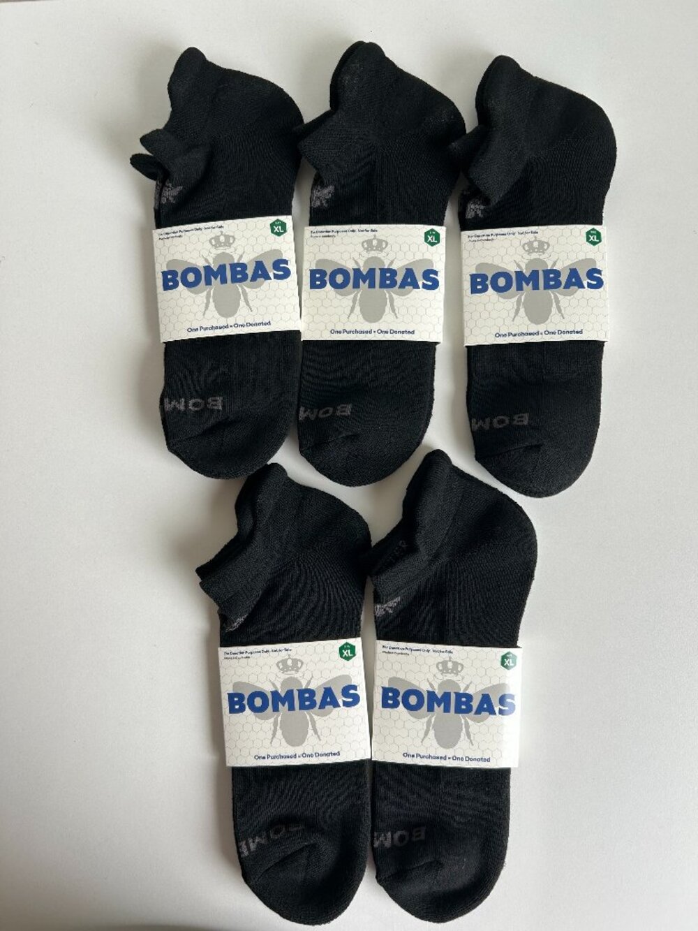 Lot of 5 Pairs Bombas Black Socks Size XL Ankle NEW